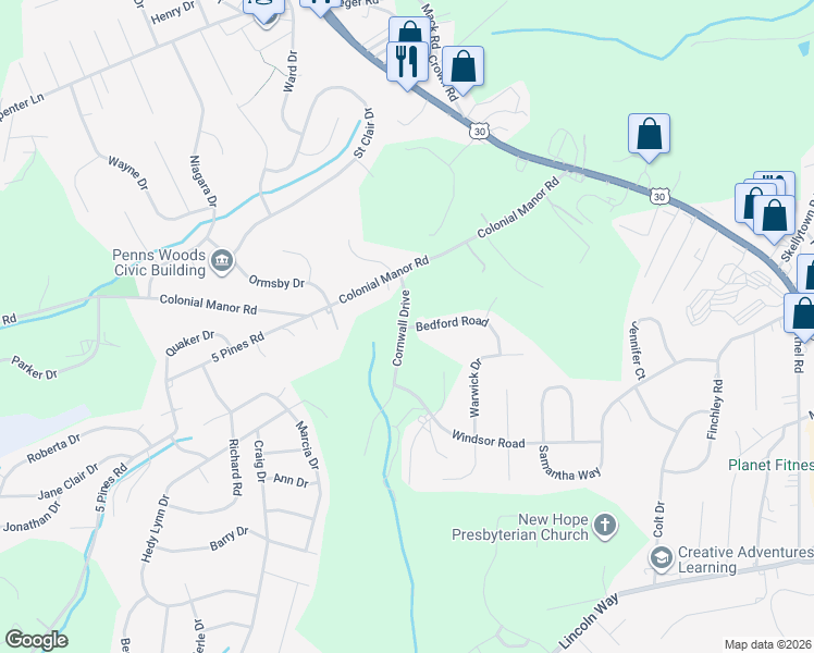 map of restaurants, bars, coffee shops, grocery stores, and more near 1325 Bedford Road in Irwin