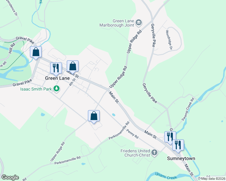 map of restaurants, bars, coffee shops, grocery stores, and more near 3000 Main Street in Green Lane
