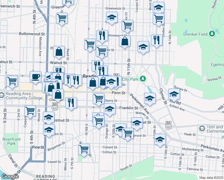 map of restaurants, bars, coffee shops, grocery stores, and more near 955 Penn Street in Reading