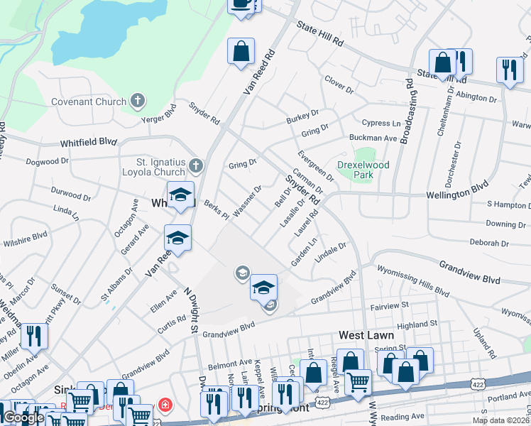 map of restaurants, bars, coffee shops, grocery stores, and more near 2404 Bell Drive in West Lawn