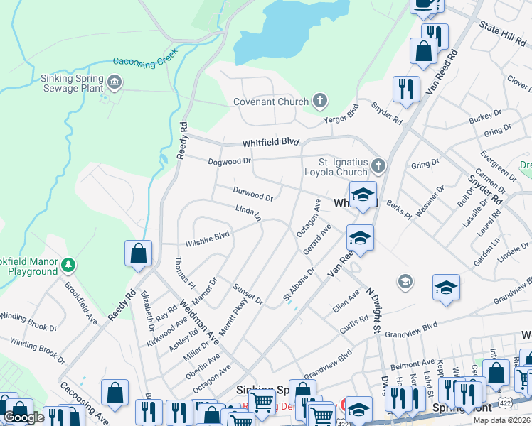 map of restaurants, bars, coffee shops, grocery stores, and more near 402 Wilshire Boulevard in Sinking Spring