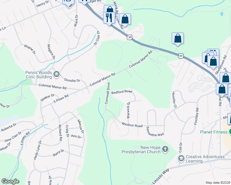 map of restaurants, bars, coffee shops, grocery stores, and more near 1298 Bedford Road in North Huntingdon