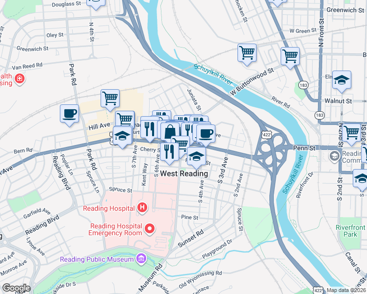 map of restaurants, bars, coffee shops, grocery stores, and more near 448 Penn Avenue in West Reading