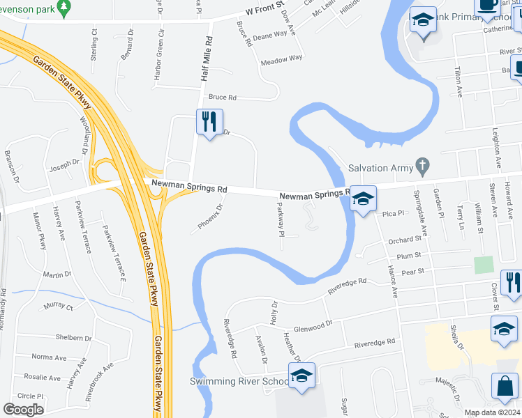 map of restaurants, bars, coffee shops, grocery stores, and more near 329 Newman Springs Road in Red Bank