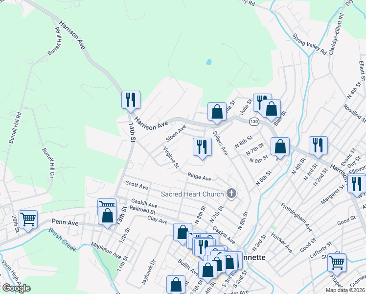 map of restaurants, bars, coffee shops, grocery stores, and more near 1015 Virginia Street in Jeannette