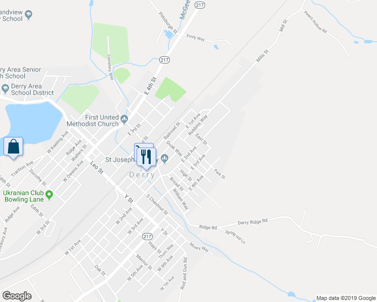 map of restaurants, bars, coffee shops, grocery stores, and more near 509 East 2nd Avenue in Derry