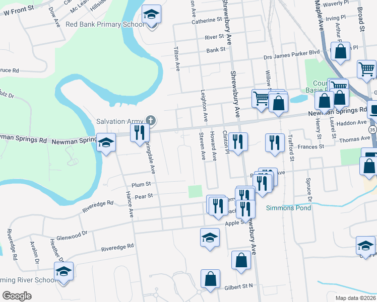 map of restaurants, bars, coffee shops, grocery stores, and more near 56 William Street in Tinton Falls