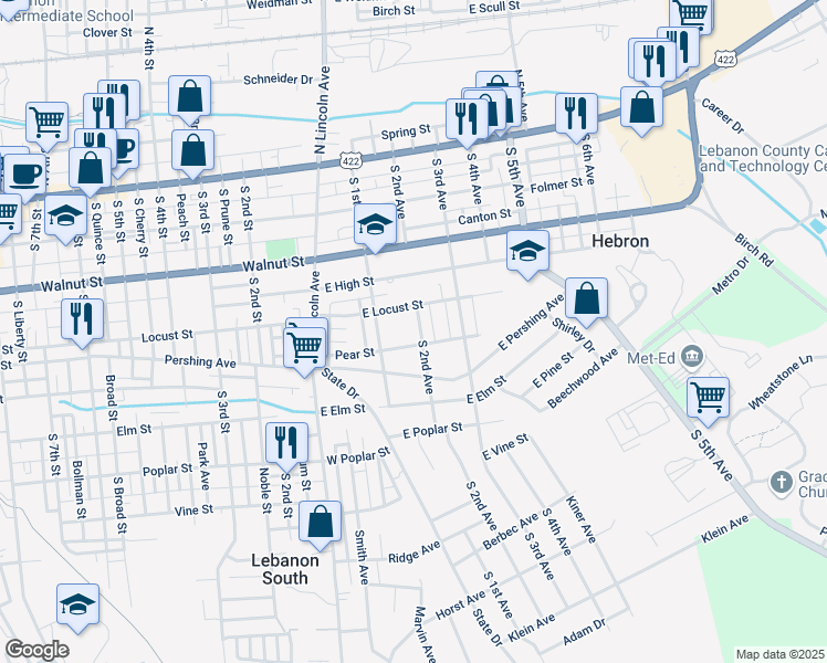 map of restaurants, bars, coffee shops, grocery stores, and more near 325 South 2nd Avenue in Lebanon