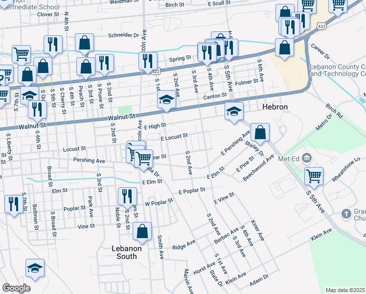 map of restaurants, bars, coffee shops, grocery stores, and more near 325 South 2nd Avenue in Lebanon