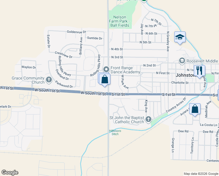 map of restaurants, bars, coffee shops, grocery stores, and more near in Loveland