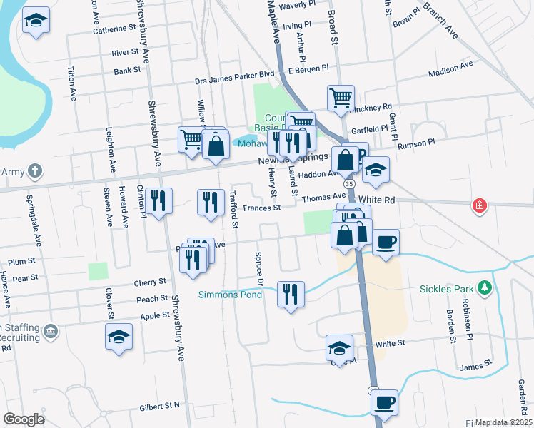 map of restaurants, bars, coffee shops, grocery stores, and more near 41 Patterson Court in Shrewsbury
