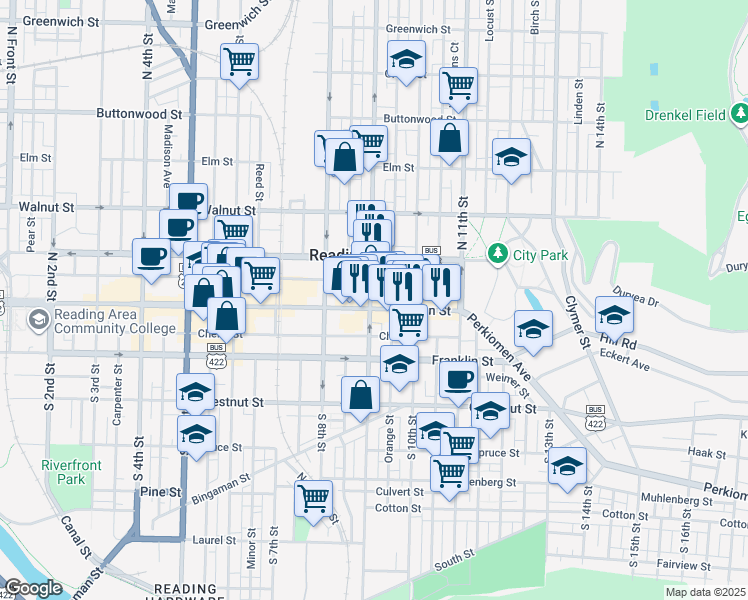 map of restaurants, bars, coffee shops, grocery stores, and more near 916 Penn Street in Reading