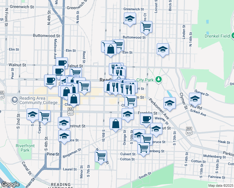 map of restaurants, bars, coffee shops, grocery stores, and more near 838 Penn Street in Reading