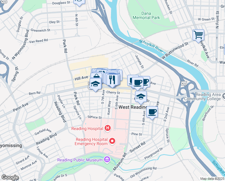 map of restaurants, bars, coffee shops, grocery stores, and more near 633 Franklin Street in West Reading
