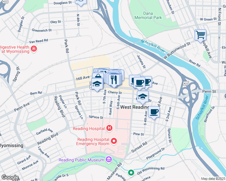 map of restaurants, bars, coffee shops, grocery stores, and more near 633 Franklin Street in West Reading