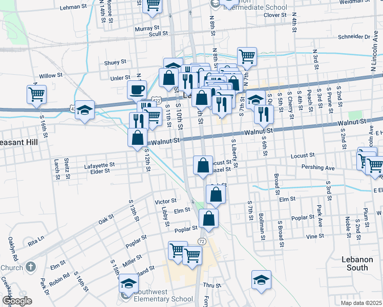 map of restaurants, bars, coffee shops, grocery stores, and more near 235 South Partridge Street in Lebanon