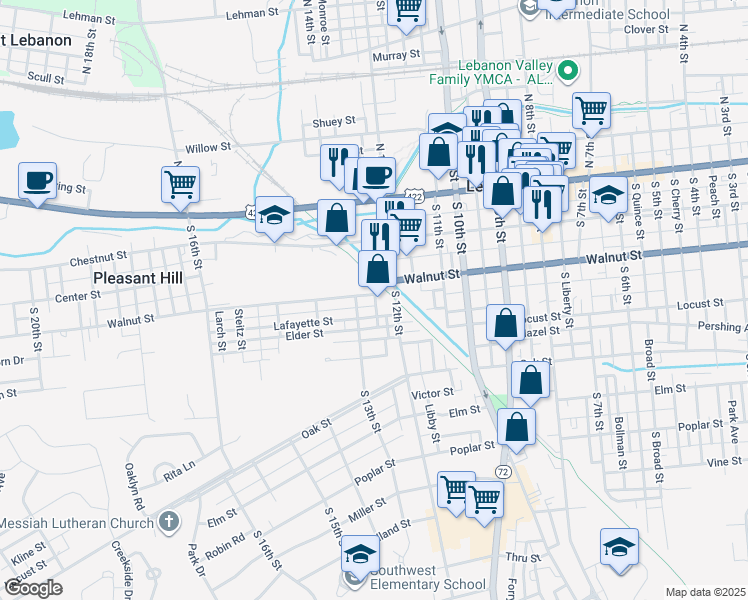 map of restaurants, bars, coffee shops, grocery stores, and more near 1220 Lafayette Street in Lebanon