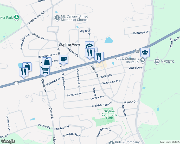 map of restaurants, bars, coffee shops, grocery stores, and more near 7753 Sunset Drive in Harrisburg