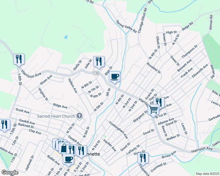 map of restaurants, bars, coffee shops, grocery stores, and more near 508 North 5th Street in Jeannette