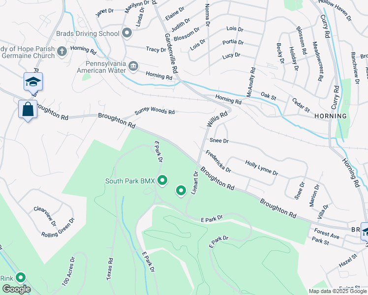 map of restaurants, bars, coffee shops, grocery stores, and more near 797 Broughton Road in Bethel Park