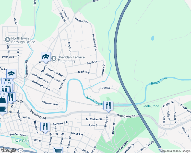 map of restaurants, bars, coffee shops, grocery stores, and more near 1151 Robbie Drive in Irwin