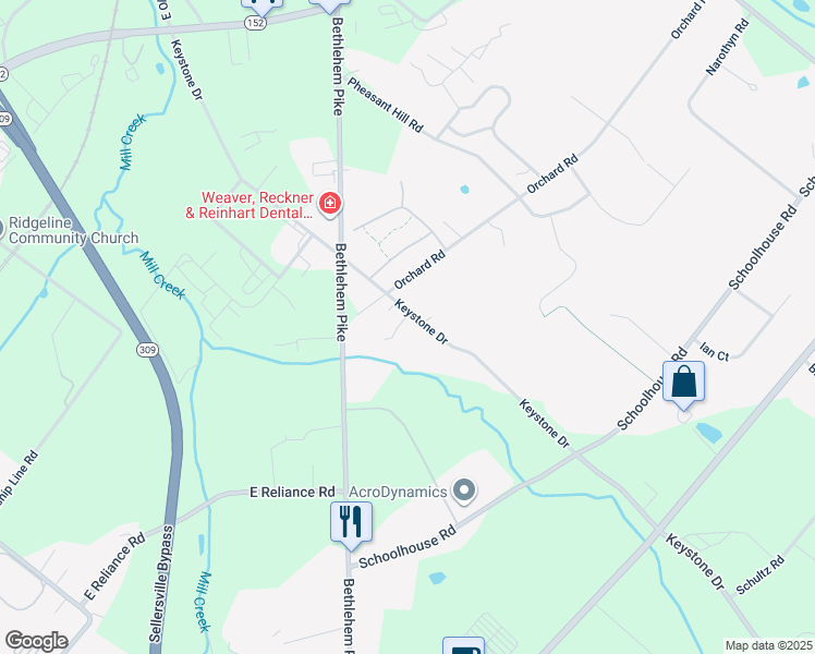 map of restaurants, bars, coffee shops, grocery stores, and more near 514 Keystone Drive in Sellersville