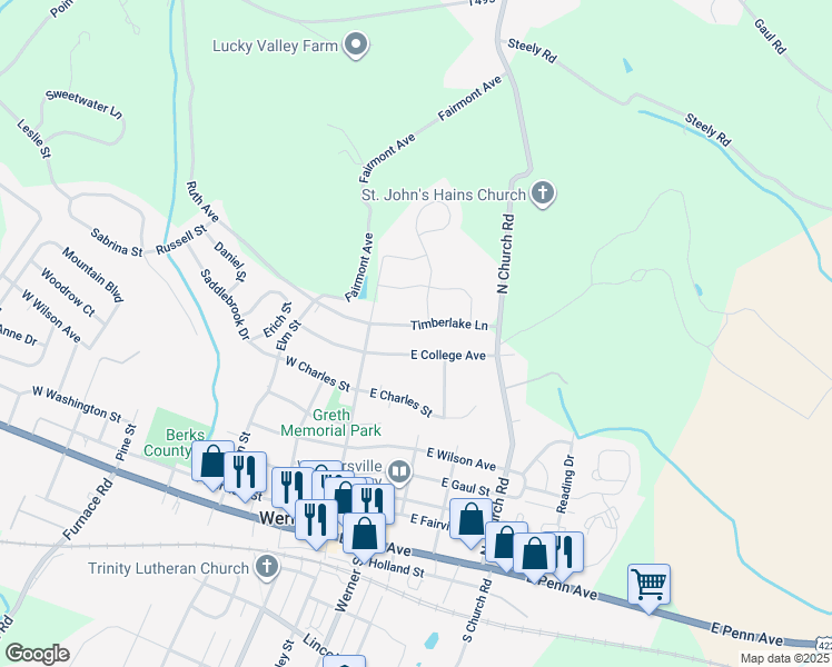 map of restaurants, bars, coffee shops, grocery stores, and more near 100 Timberlake Lane in Wernersville
