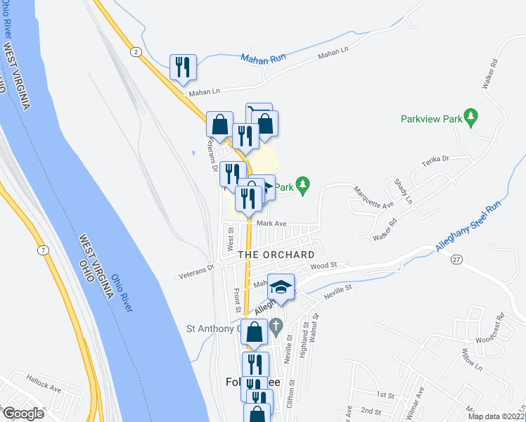 map of restaurants, bars, coffee shops, grocery stores, and more near 1400 Main Street in Follansbee