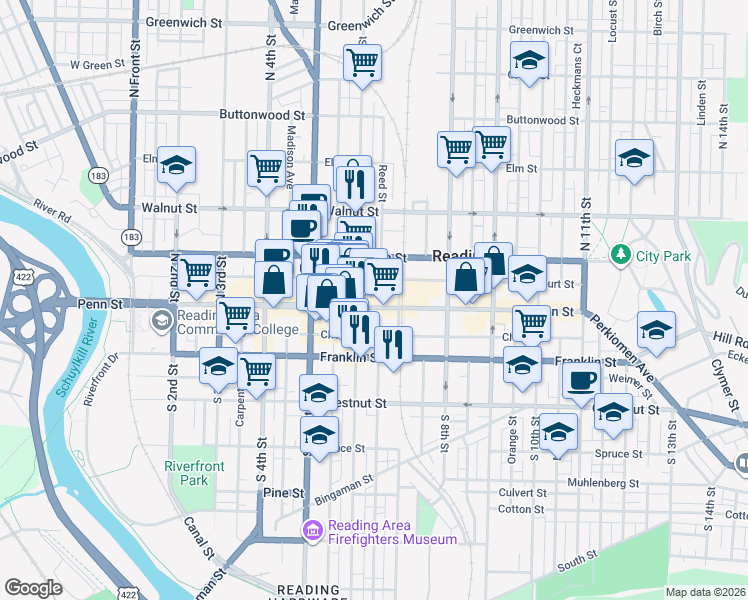 map of restaurants, bars, coffee shops, grocery stores, and more near 600 Penn Street in Reading