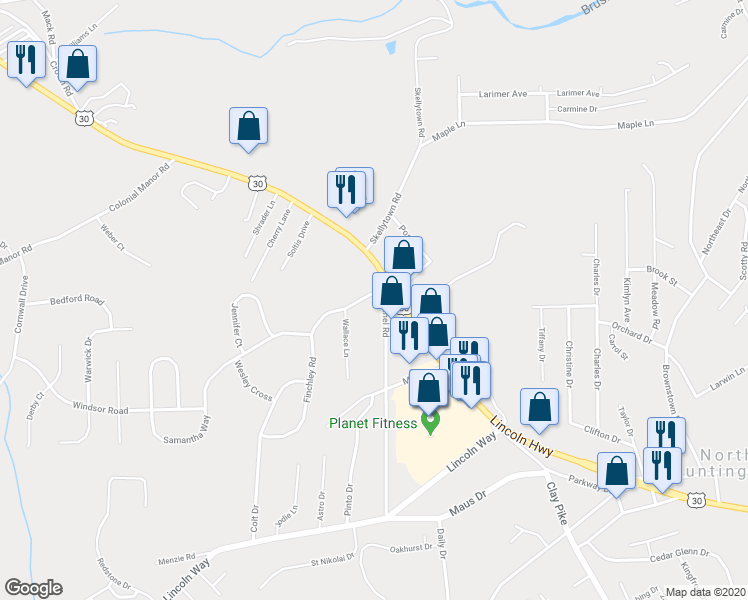 map of restaurants, bars, coffee shops, grocery stores, and more near 59 Wallace Lane in Irwin