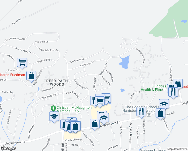 map of restaurants, bars, coffee shops, grocery stores, and more near 4656 Margarets Drive in Harrisburg