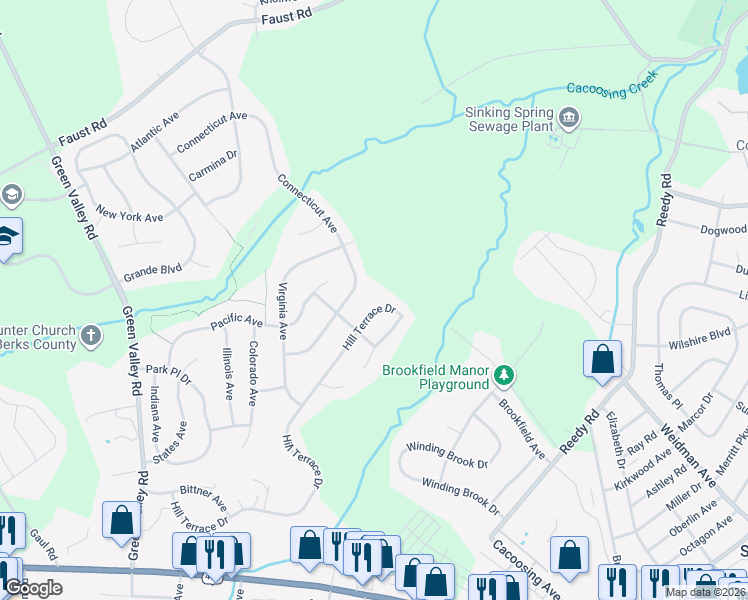 map of restaurants, bars, coffee shops, grocery stores, and more near 4152 Hill Terrace Drive in Sinking Spring