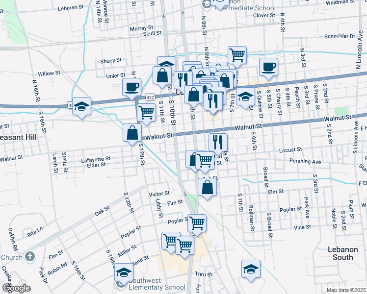map of restaurants, bars, coffee shops, grocery stores, and more near 233 South Partridge Street in Lebanon