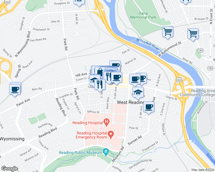map of restaurants, bars, coffee shops, grocery stores, and more near 630 Penn Avenue in West Reading