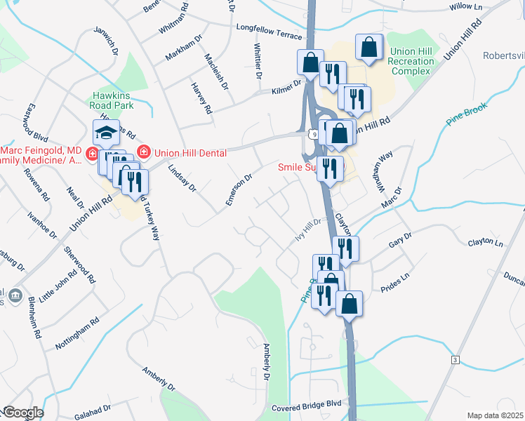 map of restaurants, bars, coffee shops, grocery stores, and more near 285 Sunshine Court in Englishtown