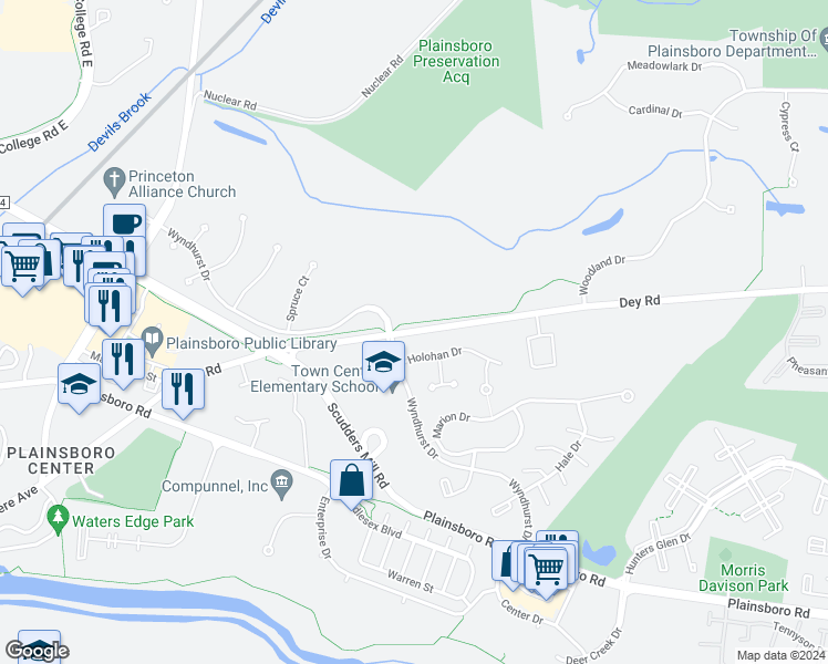 map of restaurants, bars, coffee shops, grocery stores, and more near 56 County Road 614 in Middlesex County