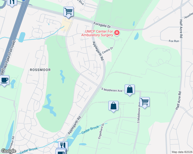 map of restaurants, bars, coffee shops, grocery stores, and more near 172C Rossmoor Drive in Monroe Township