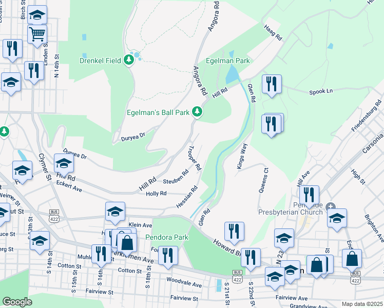 map of restaurants, bars, coffee shops, grocery stores, and more near 1903 Trooper Road in Reading