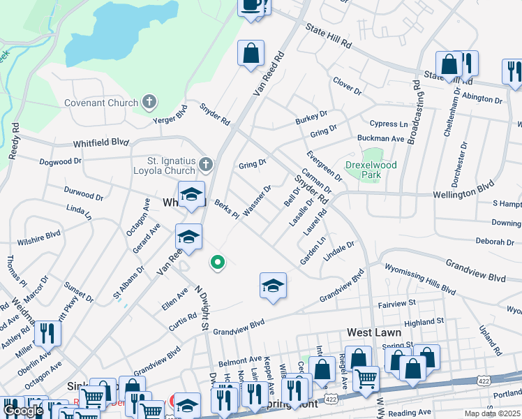 map of restaurants, bars, coffee shops, grocery stores, and more near 707 Berks Place in Reading