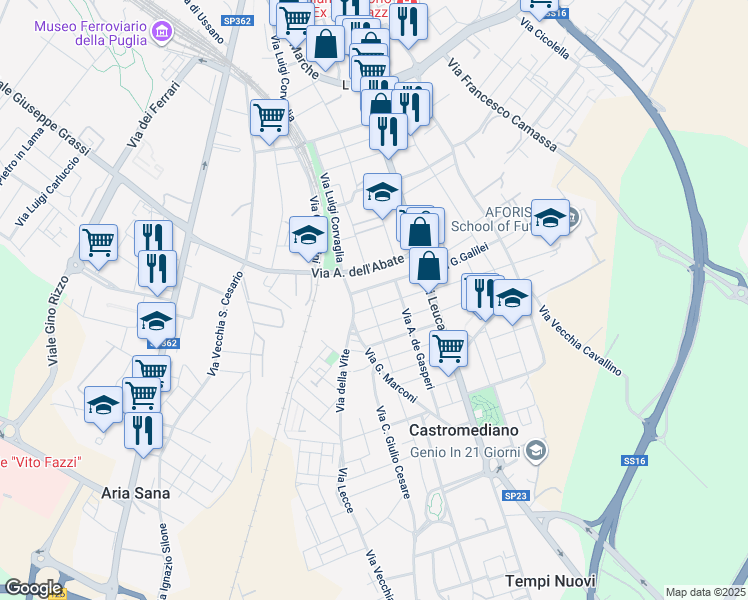 map of restaurants, bars, coffee shops, grocery stores, and more near 65 Via Papa Pio XII in Castromediano