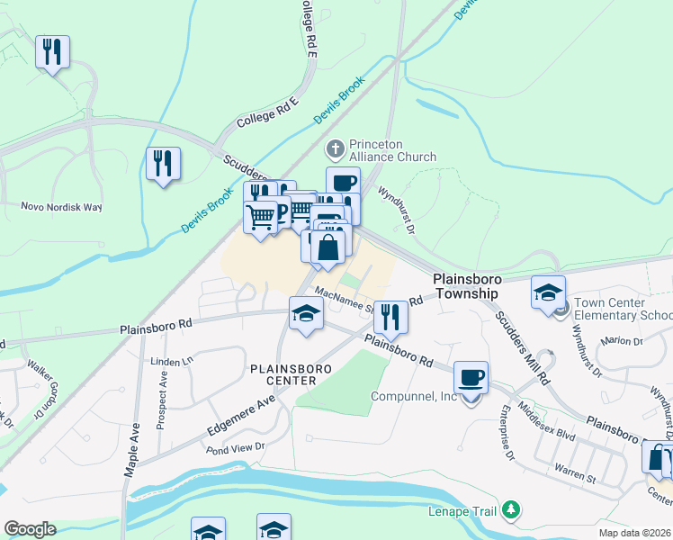 map of restaurants, bars, coffee shops, grocery stores, and more near 6 Market Street in Plainsboro Township