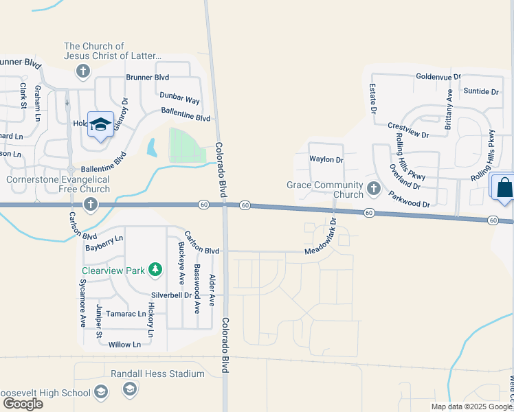 map of restaurants, bars, coffee shops, grocery stores, and more near 6091 Highway 60 in Johnstown
