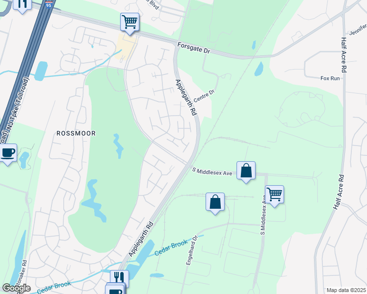 map of restaurants, bars, coffee shops, grocery stores, and more near 172C Rossmoor Drive in Monroe Township