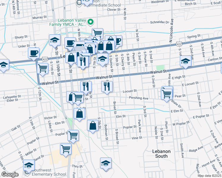 map of restaurants, bars, coffee shops, grocery stores, and more near 304 South 6th Street in Lebanon