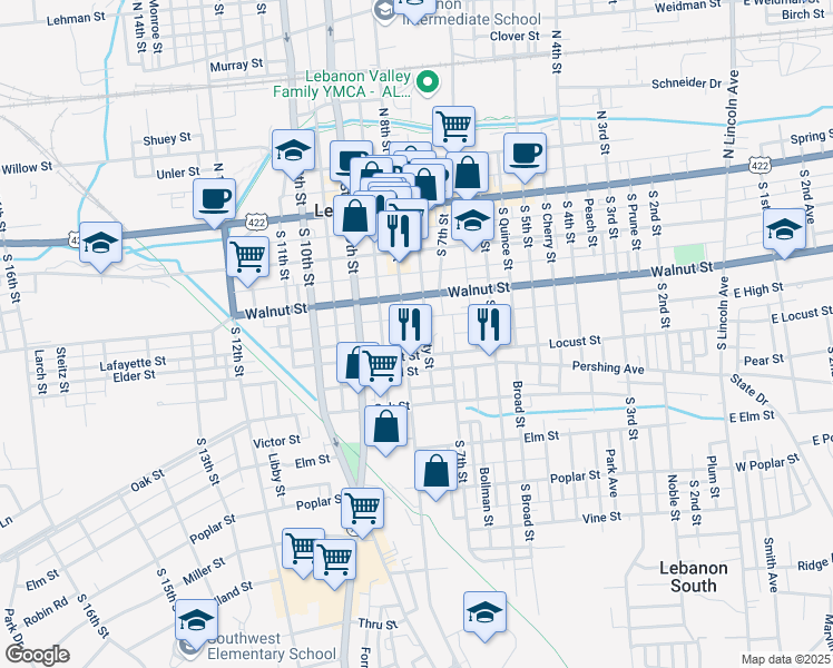 map of restaurants, bars, coffee shops, grocery stores, and more near 761 Locust Street in Lebanon