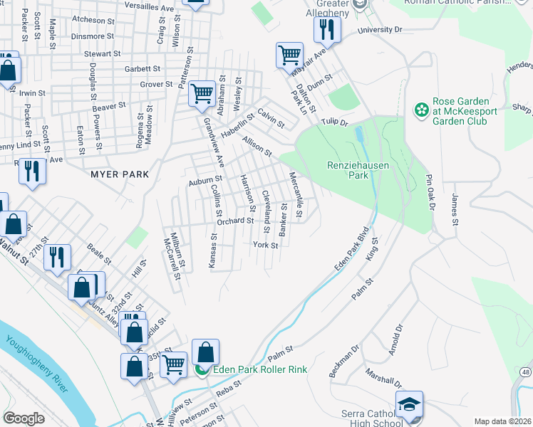 map of restaurants, bars, coffee shops, grocery stores, and more near 2603 Cleveland Street in McKeesport