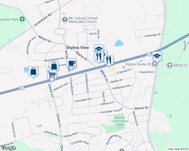 map of restaurants, bars, coffee shops, grocery stores, and more near 7753 Sunset Drive in Harrisburg