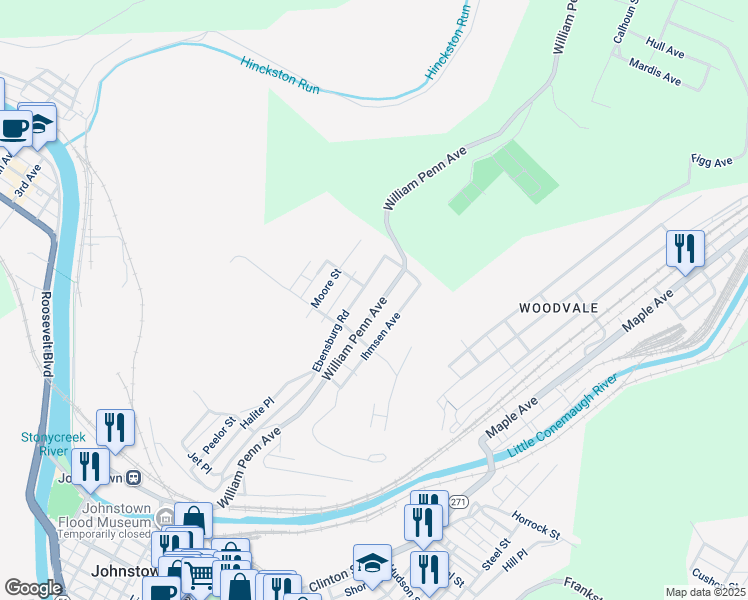 map of restaurants, bars, coffee shops, grocery stores, and more near 383-385 William Penn Avenue in Johnstown