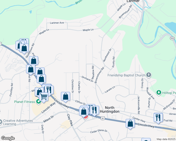 map of restaurants, bars, coffee shops, grocery stores, and more near 440 Meadow Road in Irwin