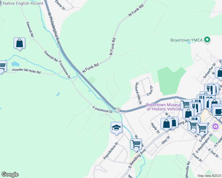 map of restaurants, bars, coffee shops, grocery stores, and more near 713 Arbor Lane in Boyertown